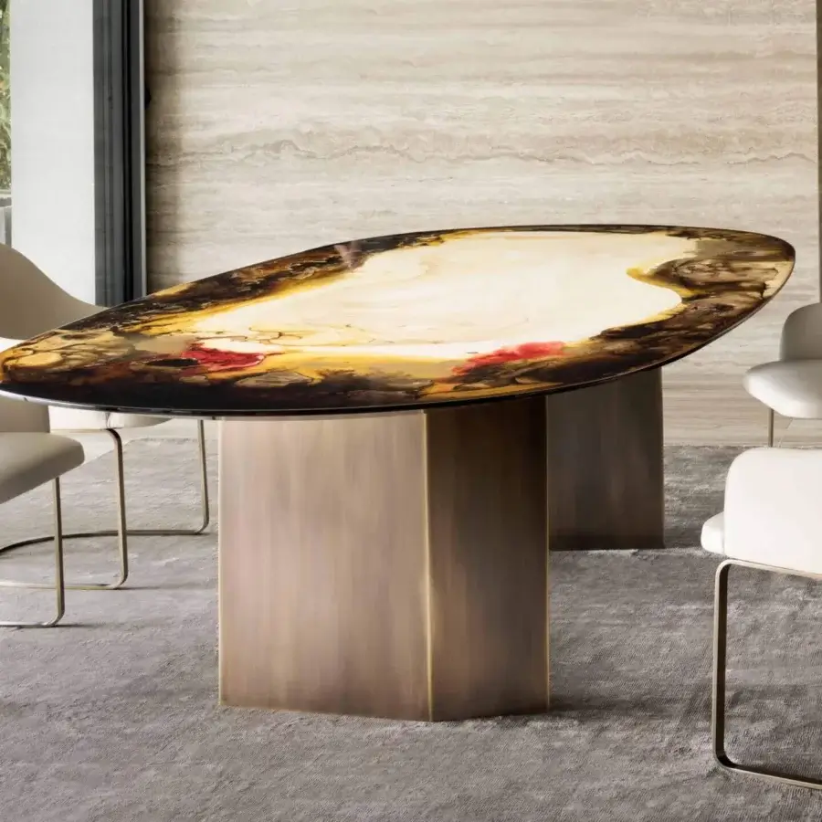 Exceptional Rugiano Pedro table with organically shaped tabletop exhibiting white, yellow, brown and black marbled effect with bronzed brass base