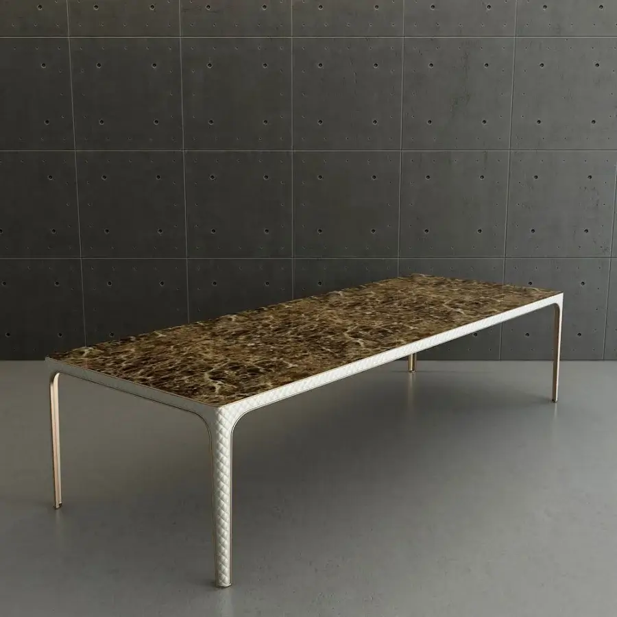 Lavish Rugiano Alexander table with swirling brown marble and a quilted metallic sheen frame built with bronzed brass details