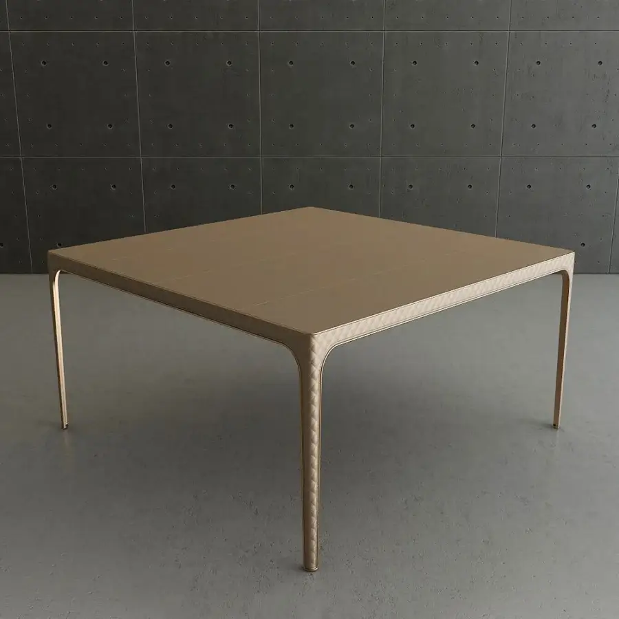 Distinguished Rugiano Alexander table with woven light brown leather and bronzed brass detailing in a matte finish