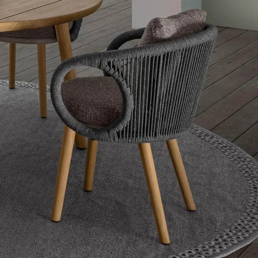 Distinguished Talenti Karen armchair with woven brown fabric and dark gray rope-like frame crafted in smooth matte wood