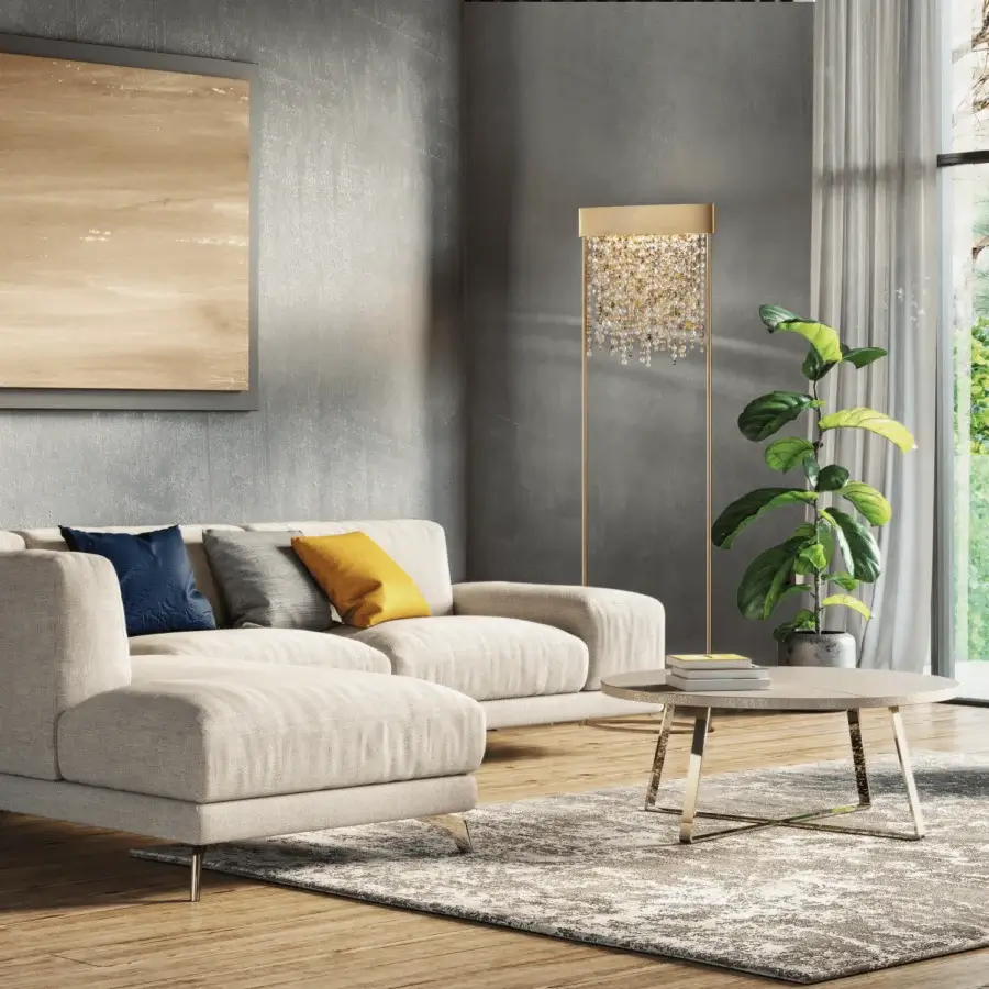 Stunning Masiero Olà floor lamp with a gold leaf frame and rectangular shade densely filled with amber chandelier-like pendants
