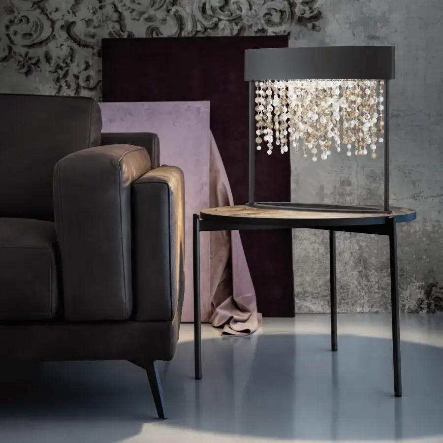 Distinguished Masiero Olà table lamp with a powder coated metal frame and smoky coated Italian glass pendants