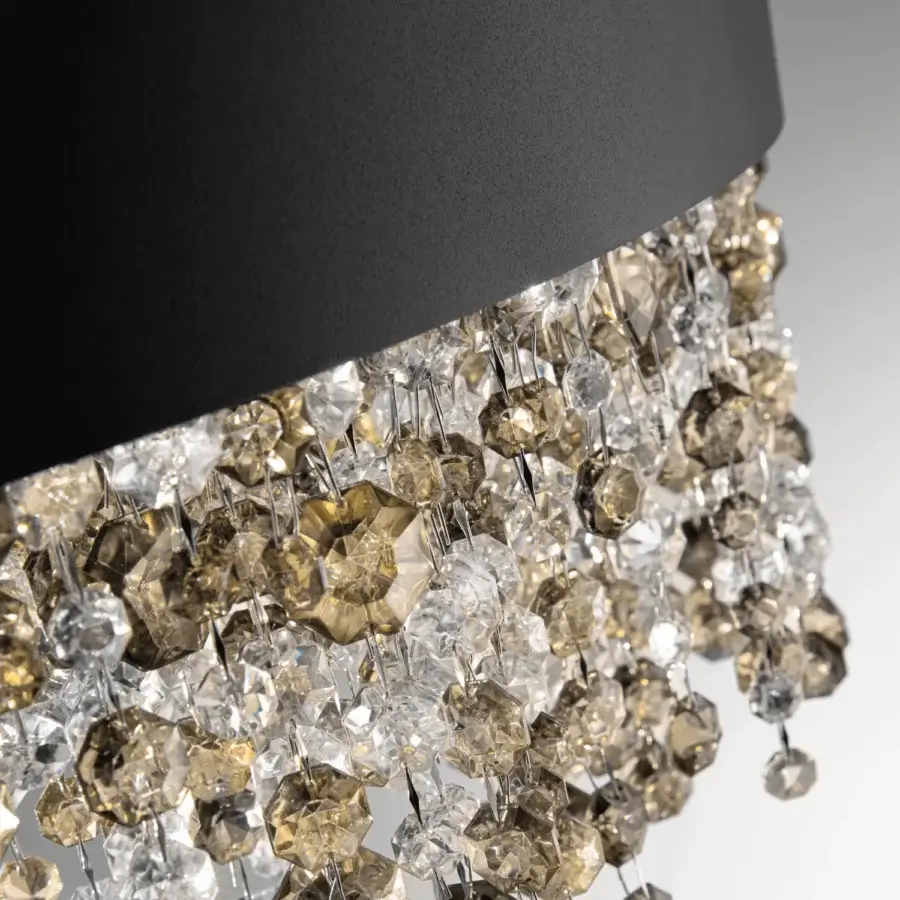 Exclusive Masiero Olà table lamp with a matt black powder coated metal frame and smoky Italian glass pendants crafted with clear and amber crystals