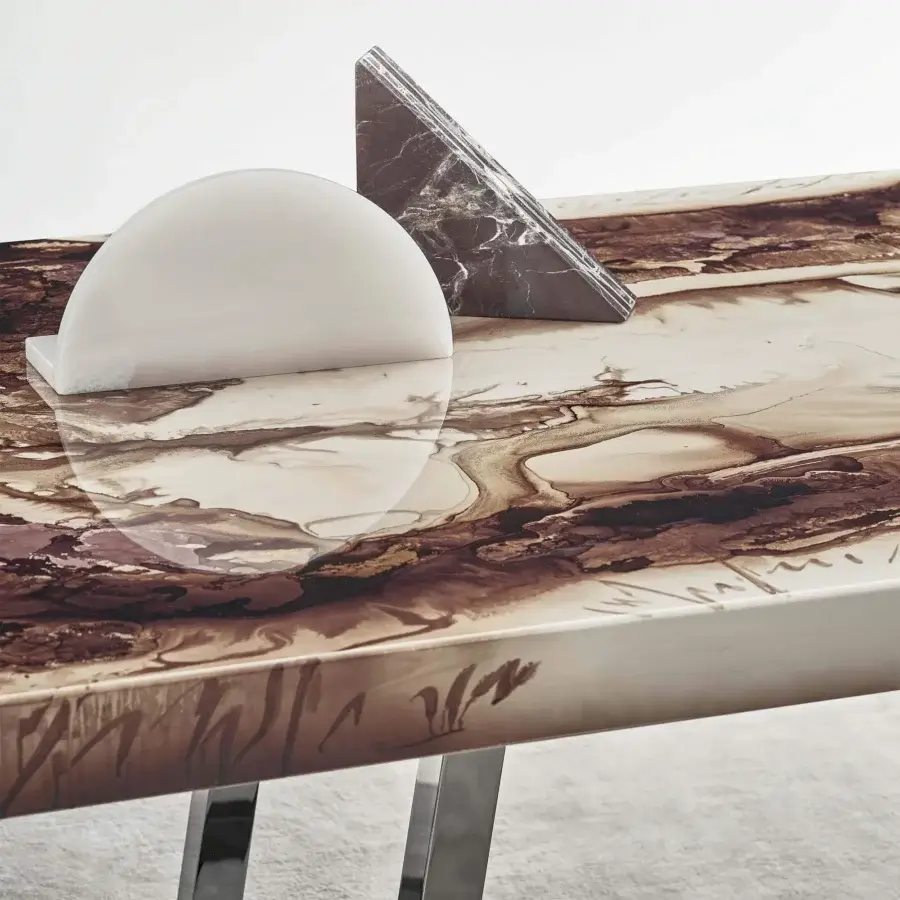 Exceptional Rugiano Decoro table with decoro painted wood in cream and brown shades and glossy finish crafted with a polished metal base