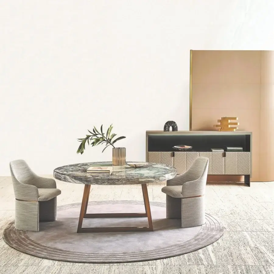 Superior Rugiano Decoro table crafted with decoro painted wood in grey, brown, and blue with a bronzed brass base