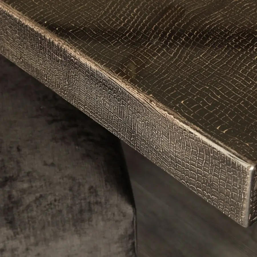 Exceptional Rugiano Decoro table crafted with decoro painted wood in dark brown faux crocodile finish and bronzed brass base