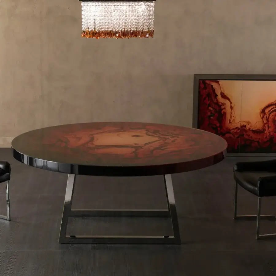 Exceptional Rugiano Decoro table with reddish-brown decoro painted wood and lustrous bronzed brass geometric base exhibiting glossy finish