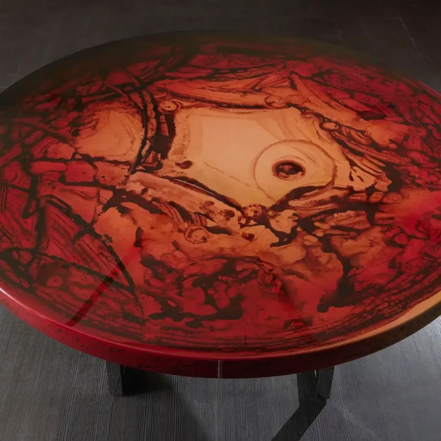 Lavish Rugiano Decoro table with swirling decoro painted wood in red, orange, and brown hues and glossy finish
