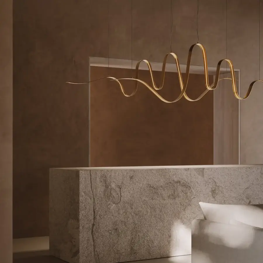 Exceptional VENICEM Bissa suspension lamp with burnished brass structure and integrated Strip LED creating a floating light effect