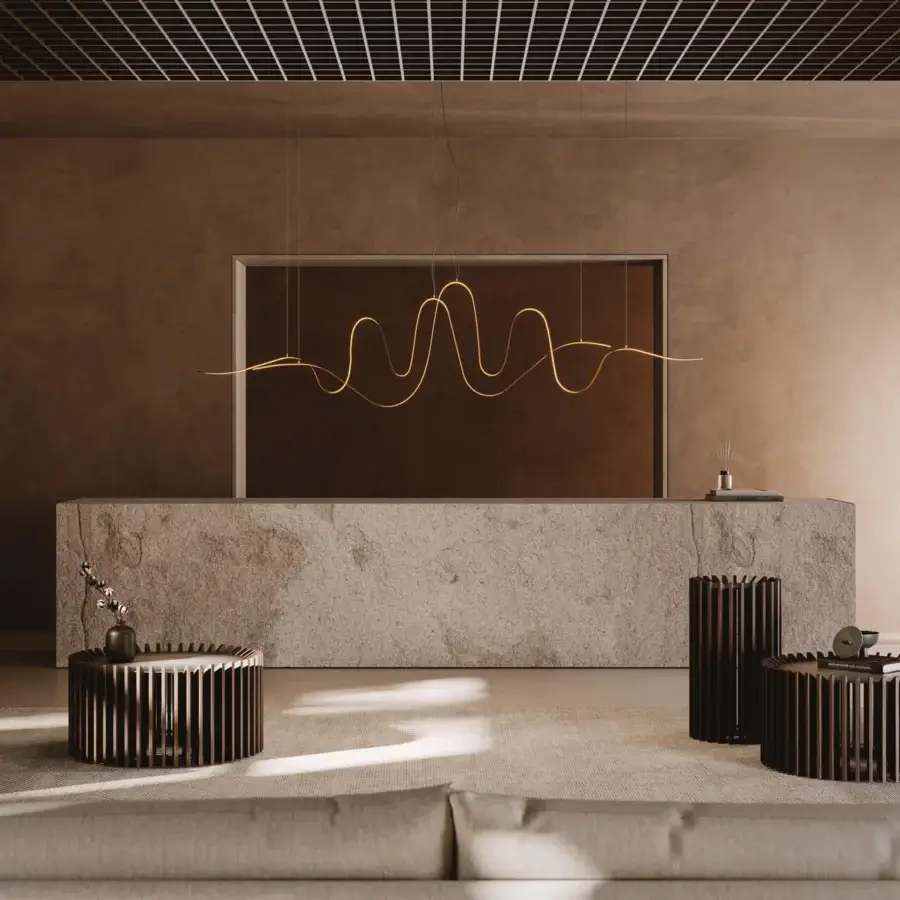 Superior VENICEM Bissa suspension lamp with délabré burnished brass structure and delicate steel cables