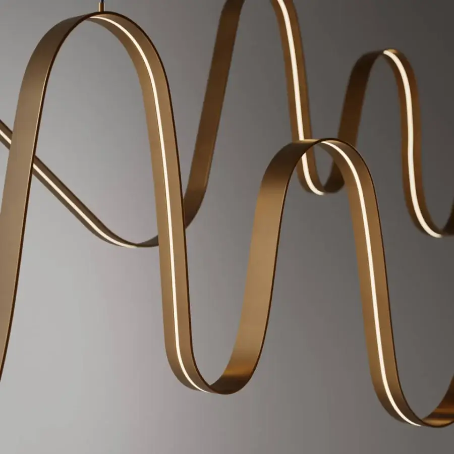 Elegant VENICEM Bissa suspension lamp in délabré burnished brass with a continuous matte golden metal ribbon and bright LED strip