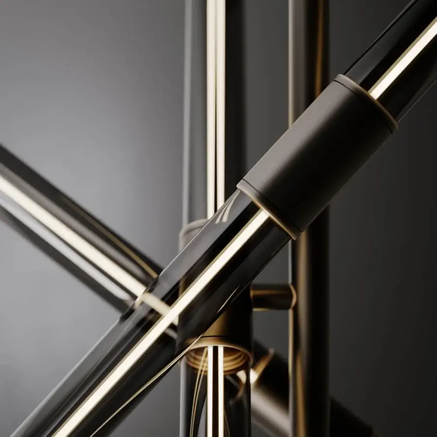 Exceptional VENICEM Cross suspension lamp with intersecting metal rods and smoke grey Murano glass tubular diffusers in golden metallic accents