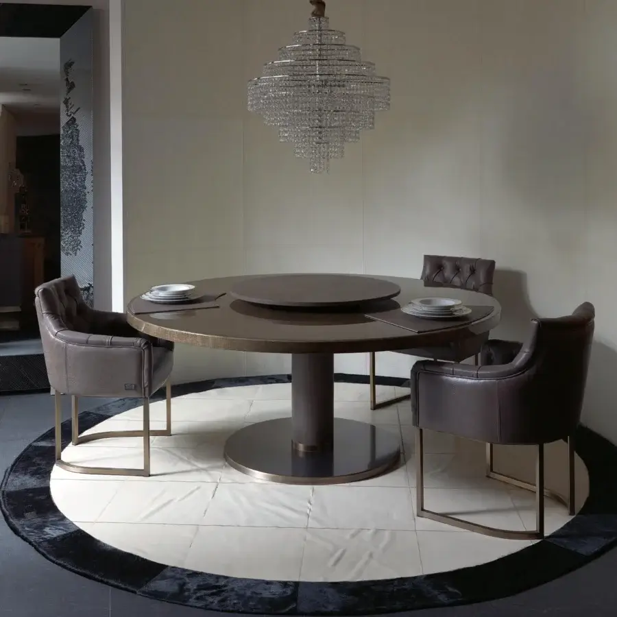 Exclusive Rugiano Fujico table with bronzed brass base, smooth leather legs and medium brown decoro painted wood top