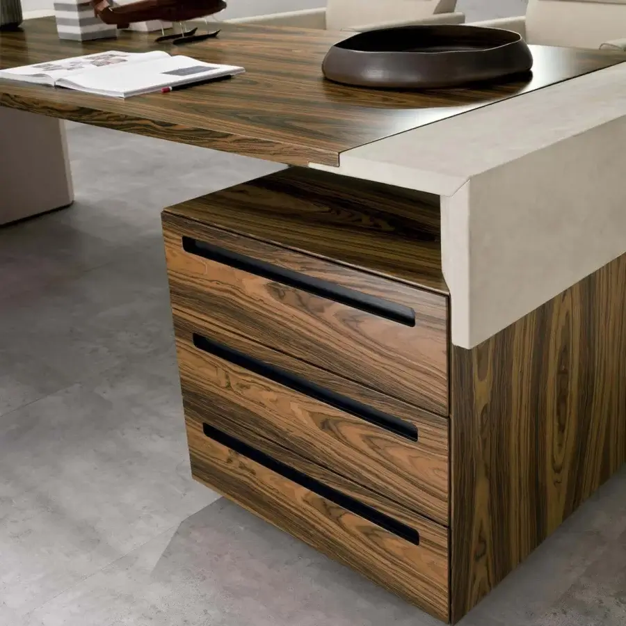 Distinguished 4 Mariani Crossing desk crafted in dark rosewood with a smooth light section and recessed black handles