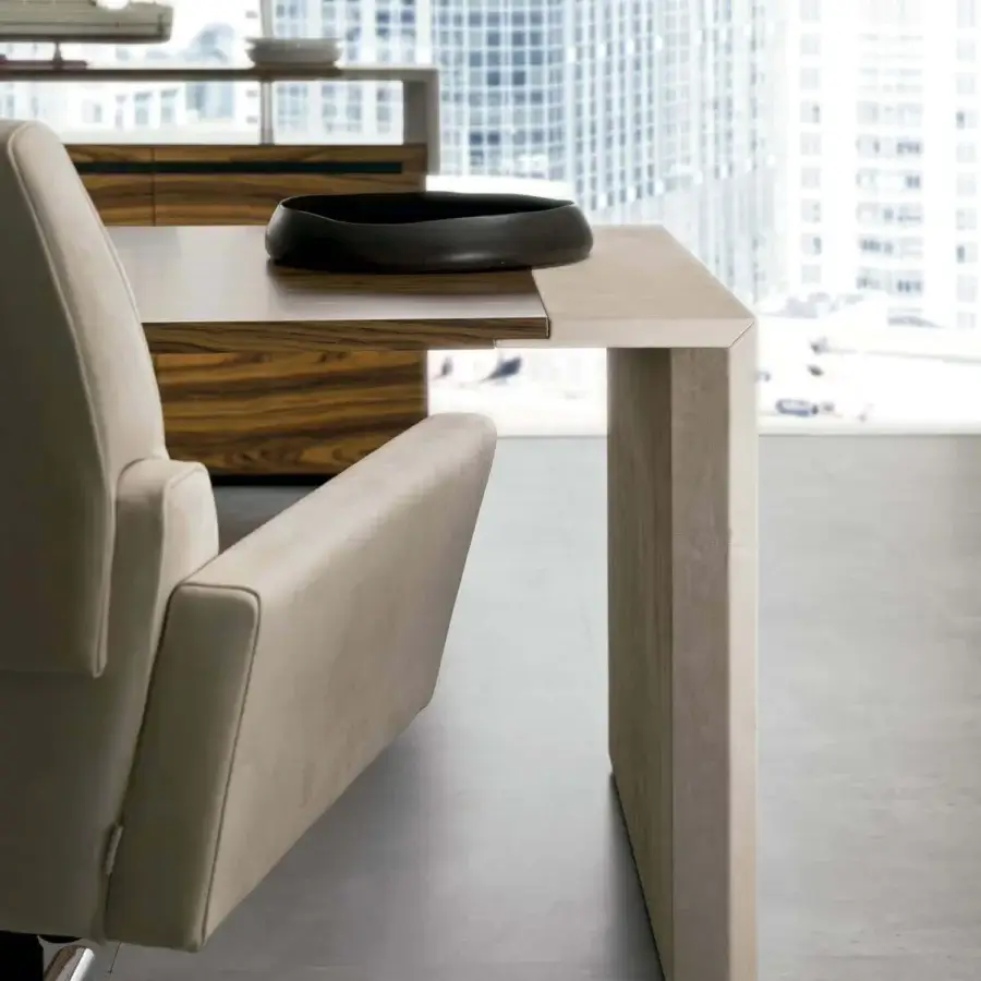 Superior 4 Mariani Crossing desk with angular silhouette in a light matte finish and darker wood detail crafted from soft leather and rosewood