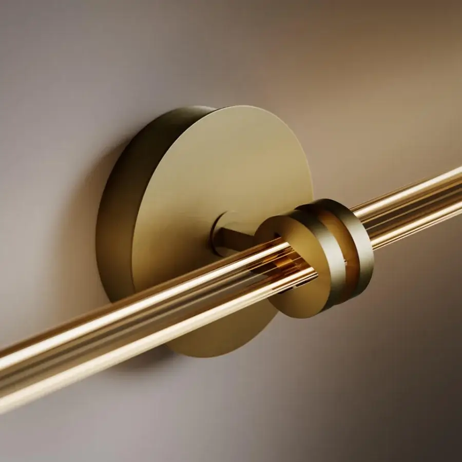 Distinguished VENICEM Optical Wall Lamp crafted in burnished brass with a trihedron of colored Murano glass and glossy golden finish