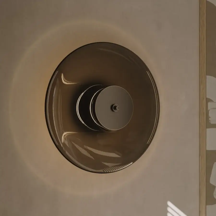 Distinguished VENICEM Zen lamp presenting circular silhouettes with muted amber Murano glass and burnished brass structure