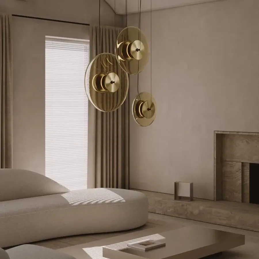 Superior VENICEM Zen suspension lamp with dynamic discs of glossy Murano glass and burnished brass structure