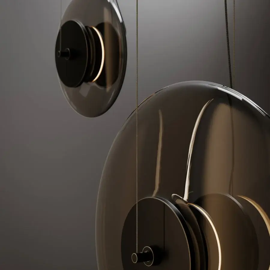 Elegant VENICEM Zen suspension lamp with smoky Murano glass discs and burnished brass structure
