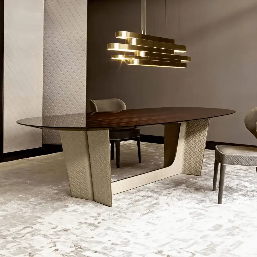 Distinguished Rugiano Wings table crafted in Italy with ebony wood and bronzed brass, displaying light beige embroidered leather patterns