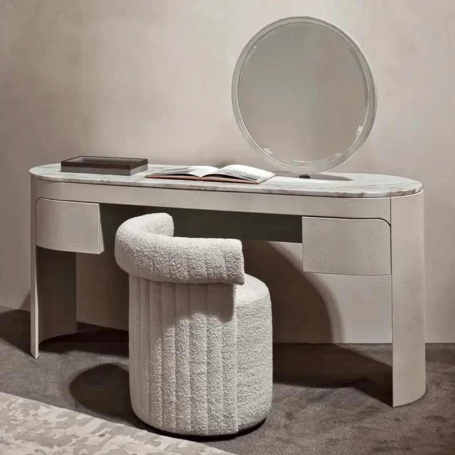Distinguished Rugiano Vogue vanity crafted with light beige matte leather and elegant marble top with seamless joints