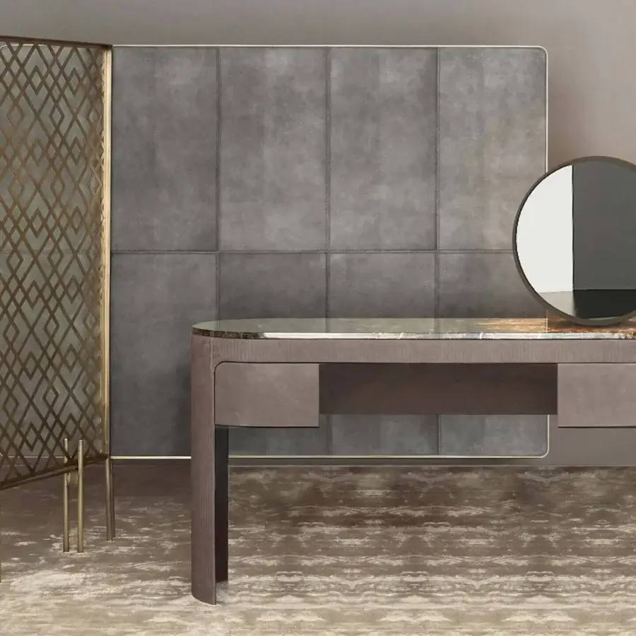 Superior Rugiano Vogue vanity with earthy marble top and wood-like base in sleek matte finish