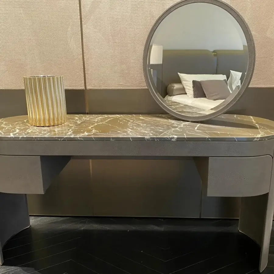 Captivating Rugiano Vogue vanity with leather structure, marble top in beige and white tones, and matte gray finish