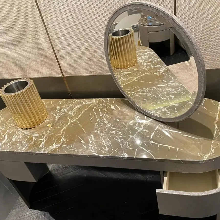 Exclusive Rugiano Vogue vanity with grey synthetic material and marble top exhibiting white veining