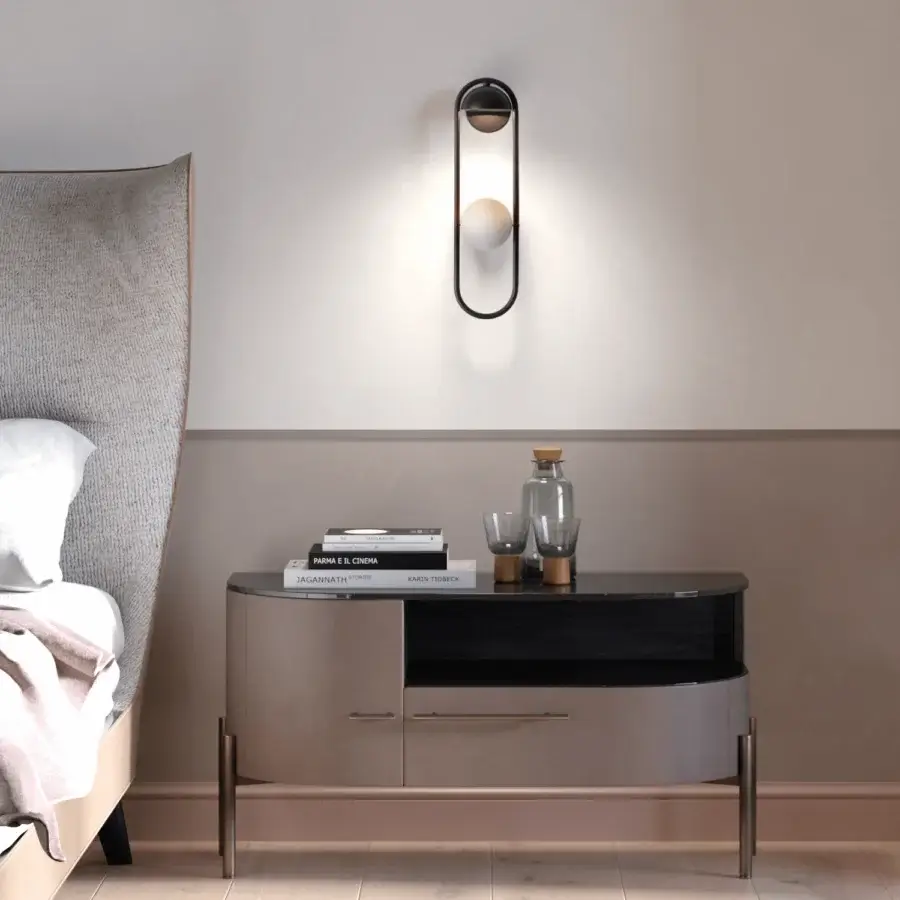 Distinguished Masiero Luppiter wall lamp with vertically elongated metal frame and luminous spheres crafted in metallic and white glass with a dark finish
