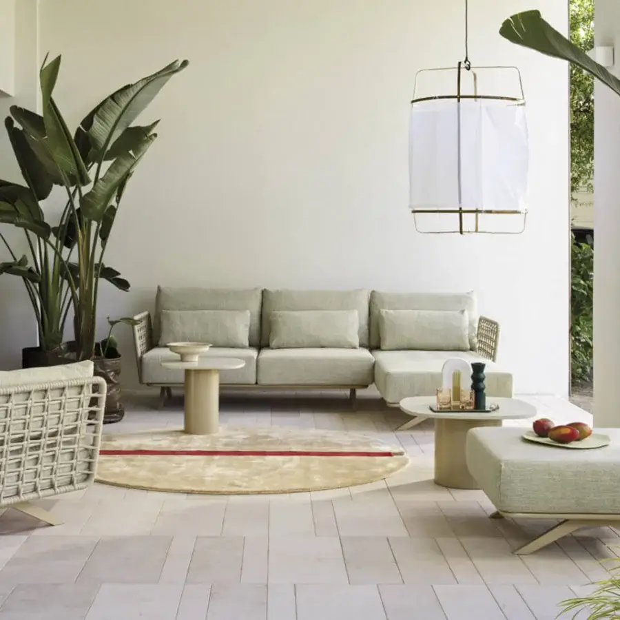 Superior Roberti Rattan Armàn sofa crafted in Italy with woven detailing and powder-coated stainless steel aluminum frame