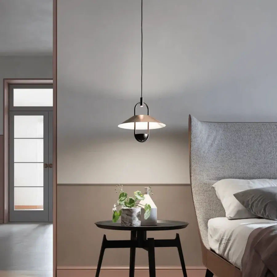 Distinctive Masiero Luppiter suspension lamp crafted in sleek metal with concentric lines and bright matte finish illumination