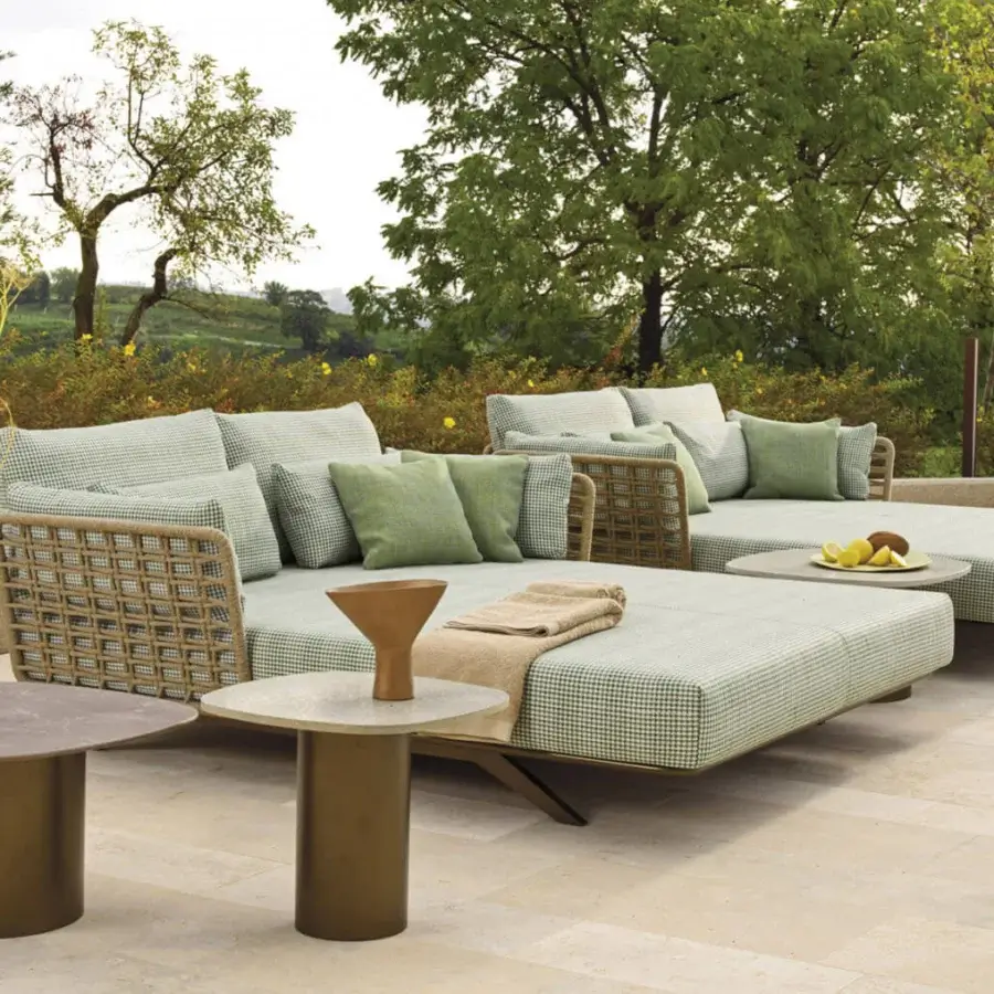 Superior Roberti Rattan Armàn day-bed woven with Oval Trendyrope in light green and white checkered textile with stainless steel frame