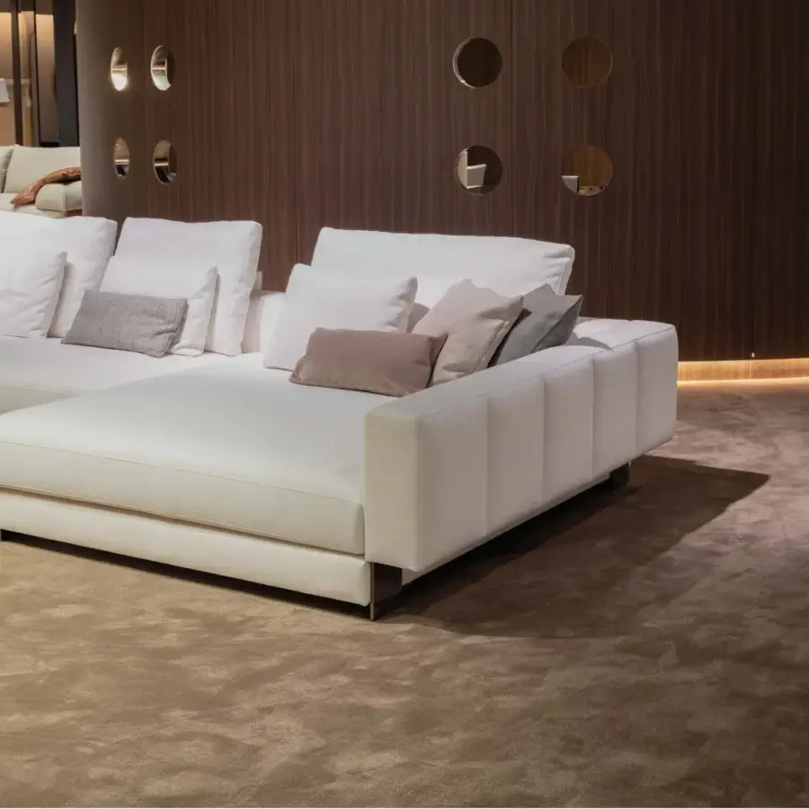 Exceptional Arketipo Milky Way sofa with quilted vertical lines in textured matte white textile and neutral toned accents