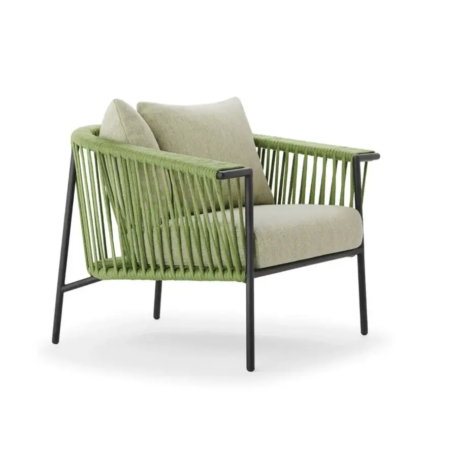 Exceptional Roberti Rattan Corolle lounge chair crafted with light green Oval Trendyrope and a matte black stainless steel frame with light beige textile cushions