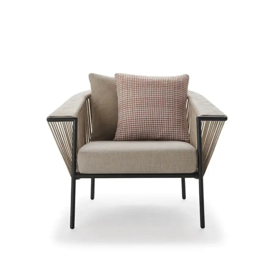 Distinguished Roberti Rattan Corolle lounge chair woven in beige Oval Trendyrope with stainless steel powder-coated frame and textile cushions