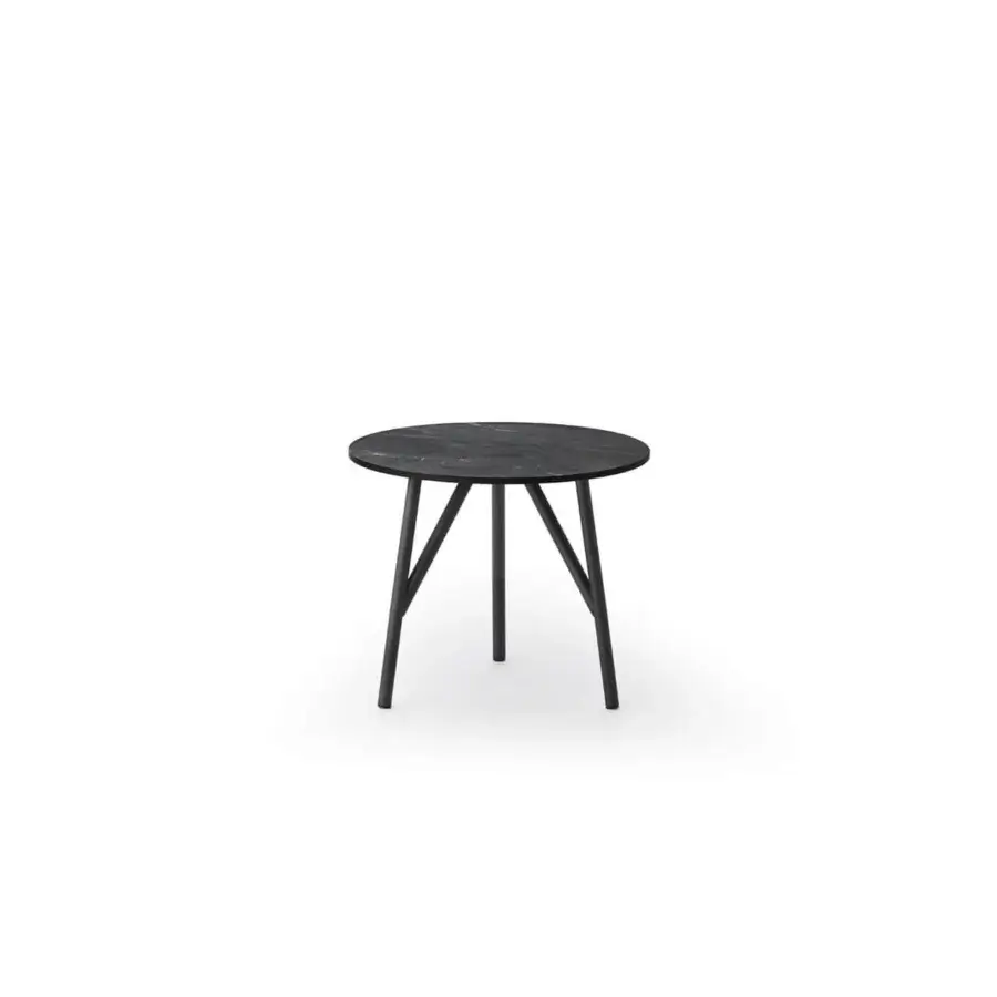 Exceptional Roberti Rattan Corolle coffee table crafted in Italy with a dark matte HPL top and powder-coated stainless steel base