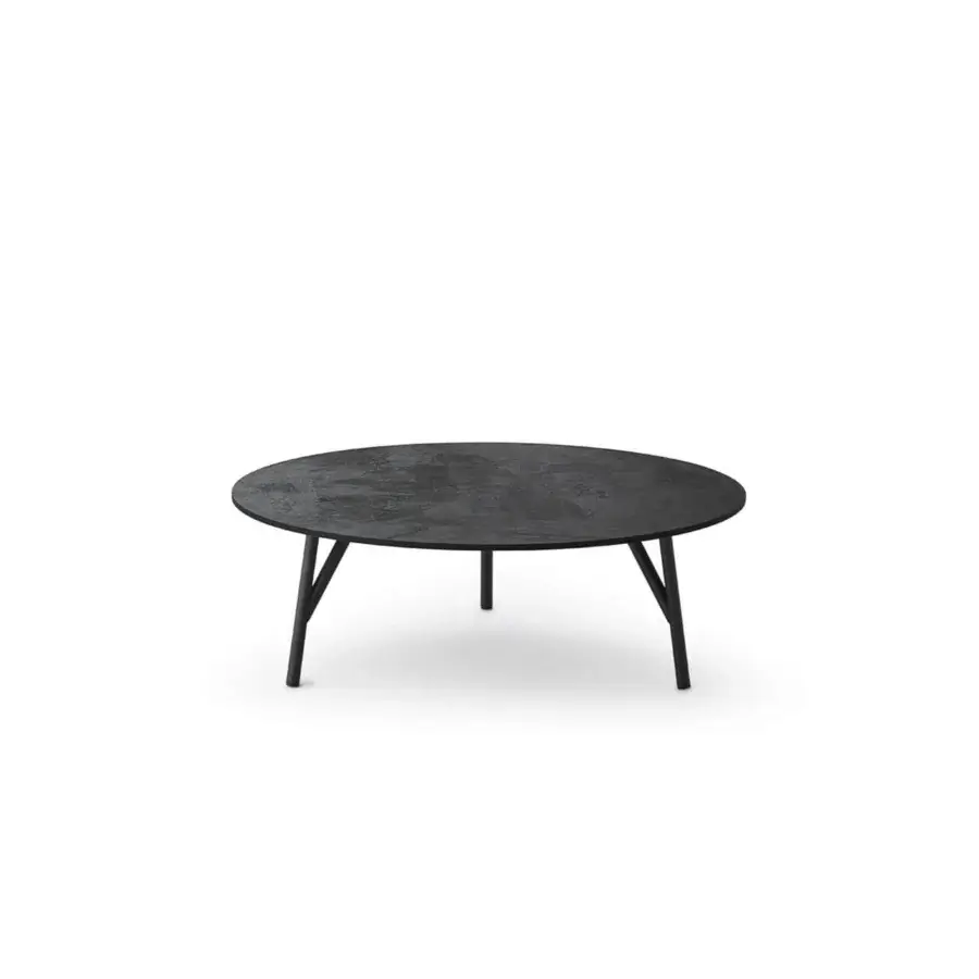 Distinguished Roberti Rattan Corolle coffee table with dark gray HPL top and powder coated stainless steel base crafted in Italy