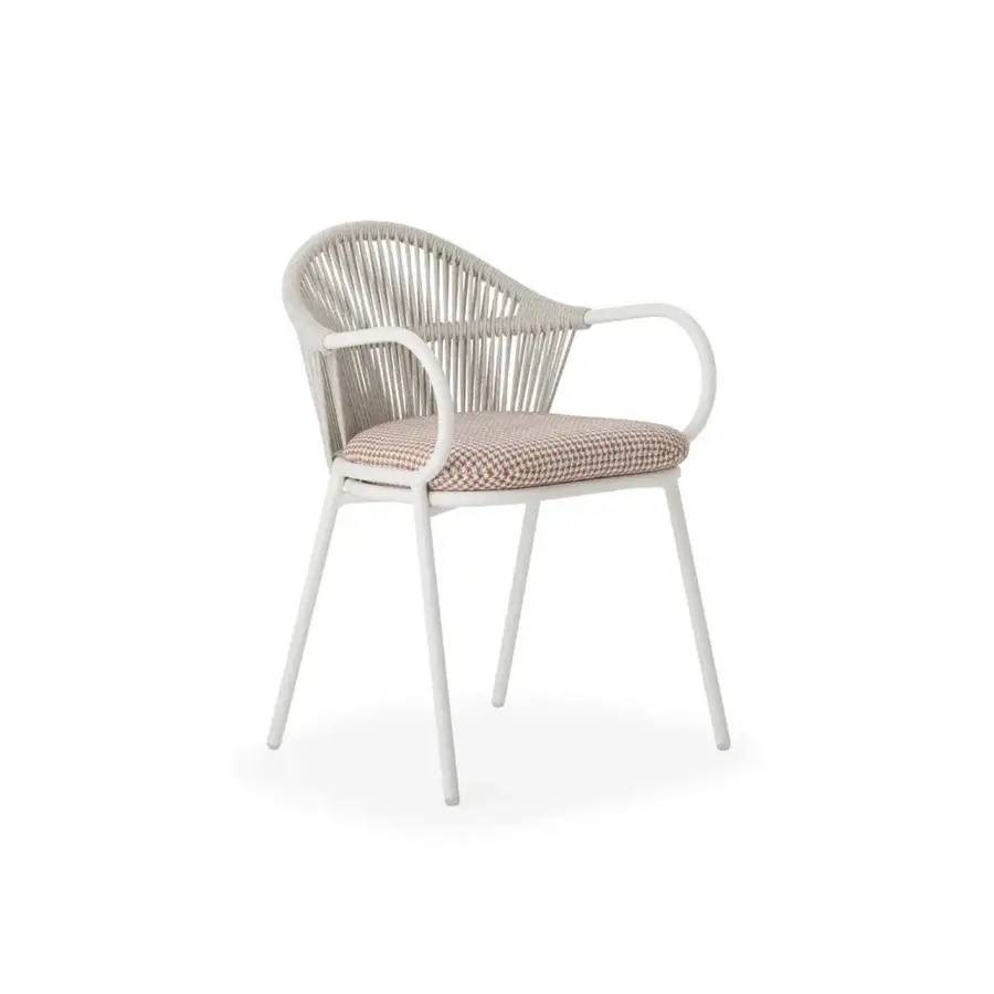 Distinguished Roberti Rattan armchair crafted with light beige Round Trendyrope and patterned brown cushion in powder-coated aluminum