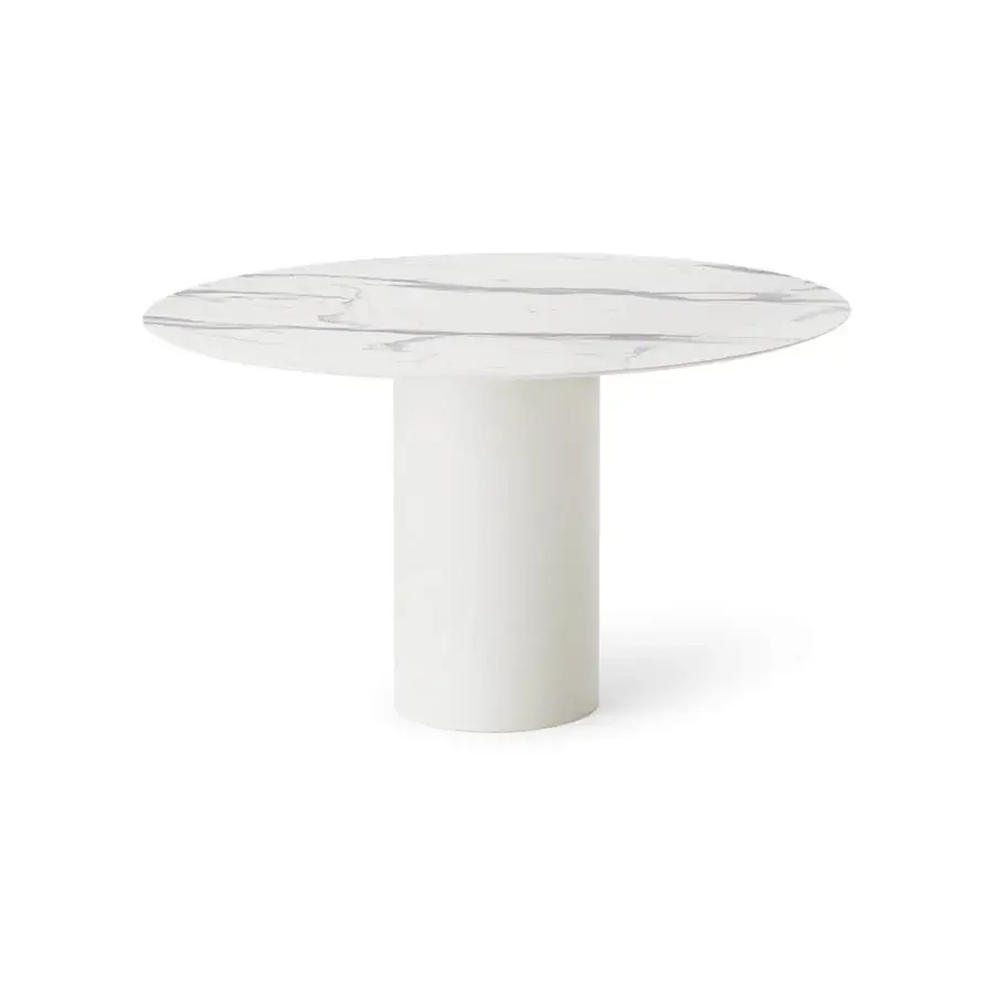 Superior Roberti Rattan table with white HPL tabletop and cylindrical powder-coated Aisi 304 stainless steel base