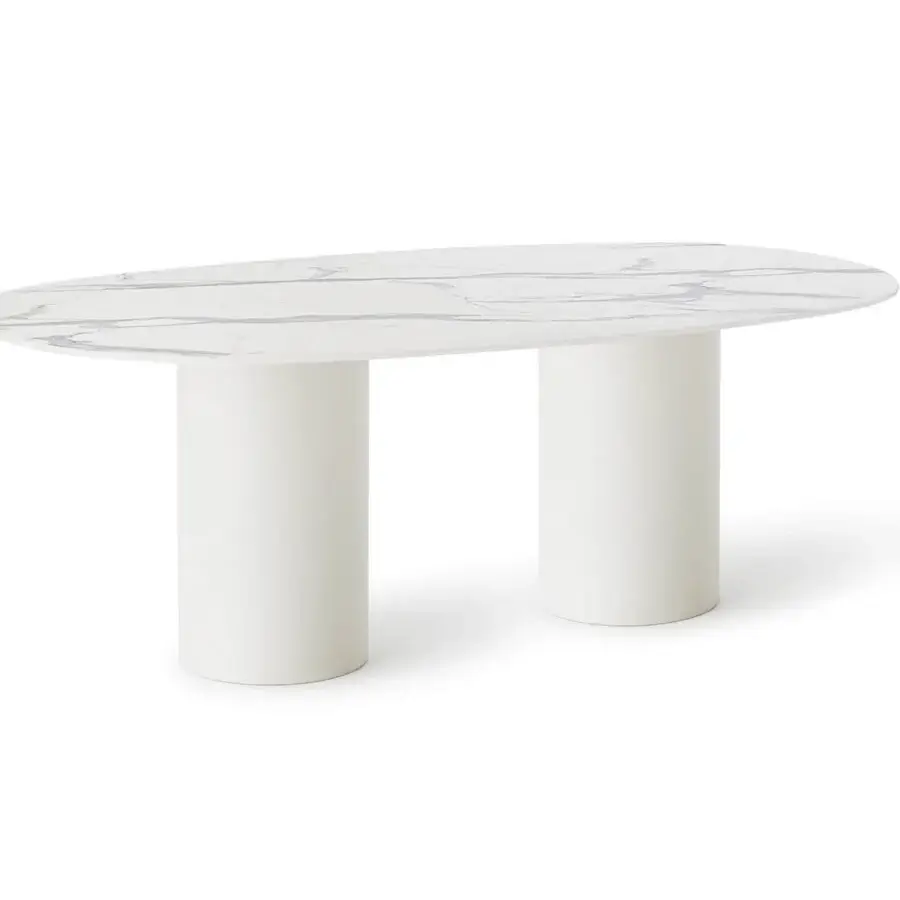 Elegant Roberti Rattan table with oval HPL top and powder-coated Aisi 304 stainless steel double base in matte finish