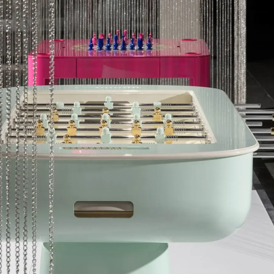 Lavish Vismara Oskar foosball table with light greenish-blue lacquered structure and gold aluminum players affixed to chromed steel bars