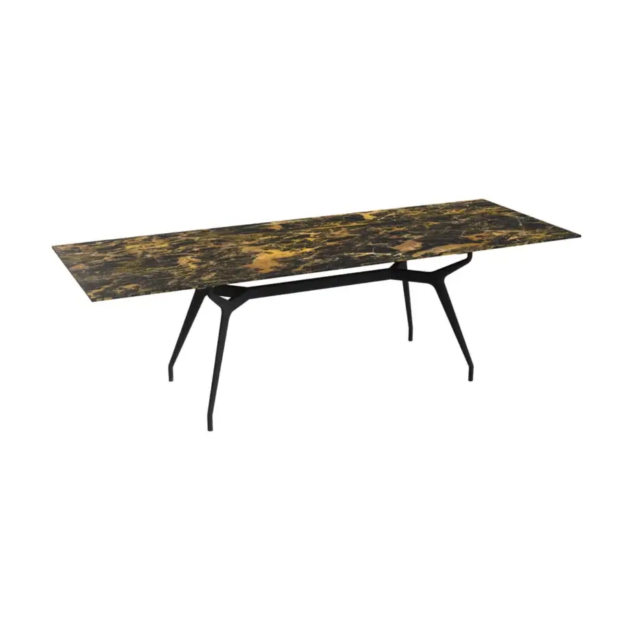 Distinctive Sovet Italia Arkos rectangular table with tempered glass in black and gold patterned finish and matte black lacquer aluminum legs