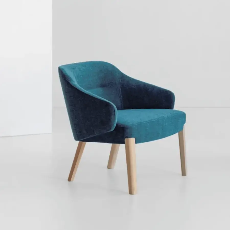 Captivating Potocco Concha lounge chair with enveloping backrest upholstered in blue-green and solid oak legs