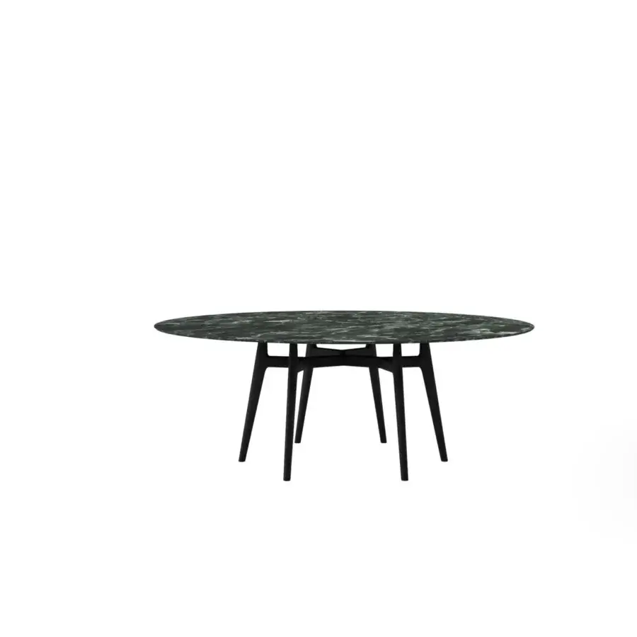 Leewood XXL dining table, green marble top, black metal legs, minimalist design, studio shot, glossy finish, circular shape.