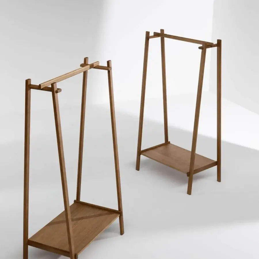 Exclusive Bonaldo Isola coat rack with A-frame structure crafted from solid wood in a smooth medium brown finish and veneered wood shelf