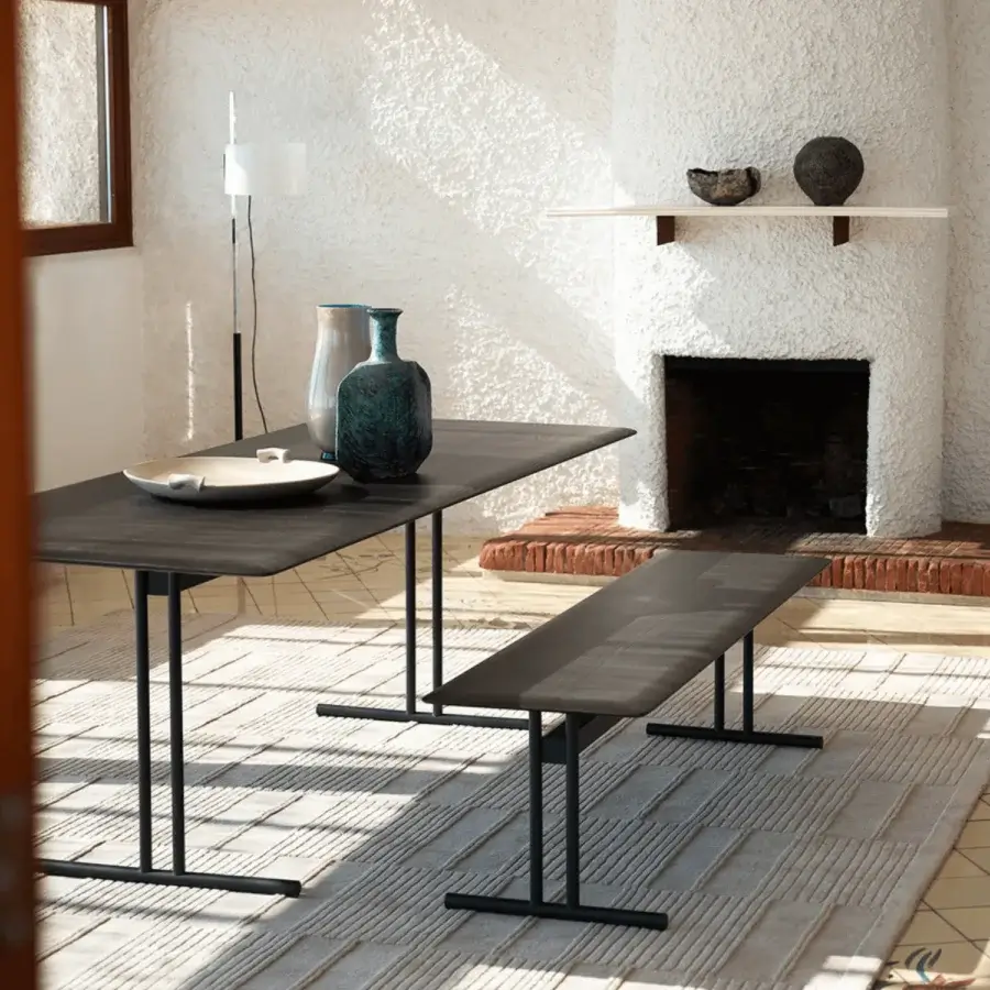 Superior Potocco Graphic bench showcases a minimalist design with a dark-toned wooden seat and sleek metal structure with a matte finish