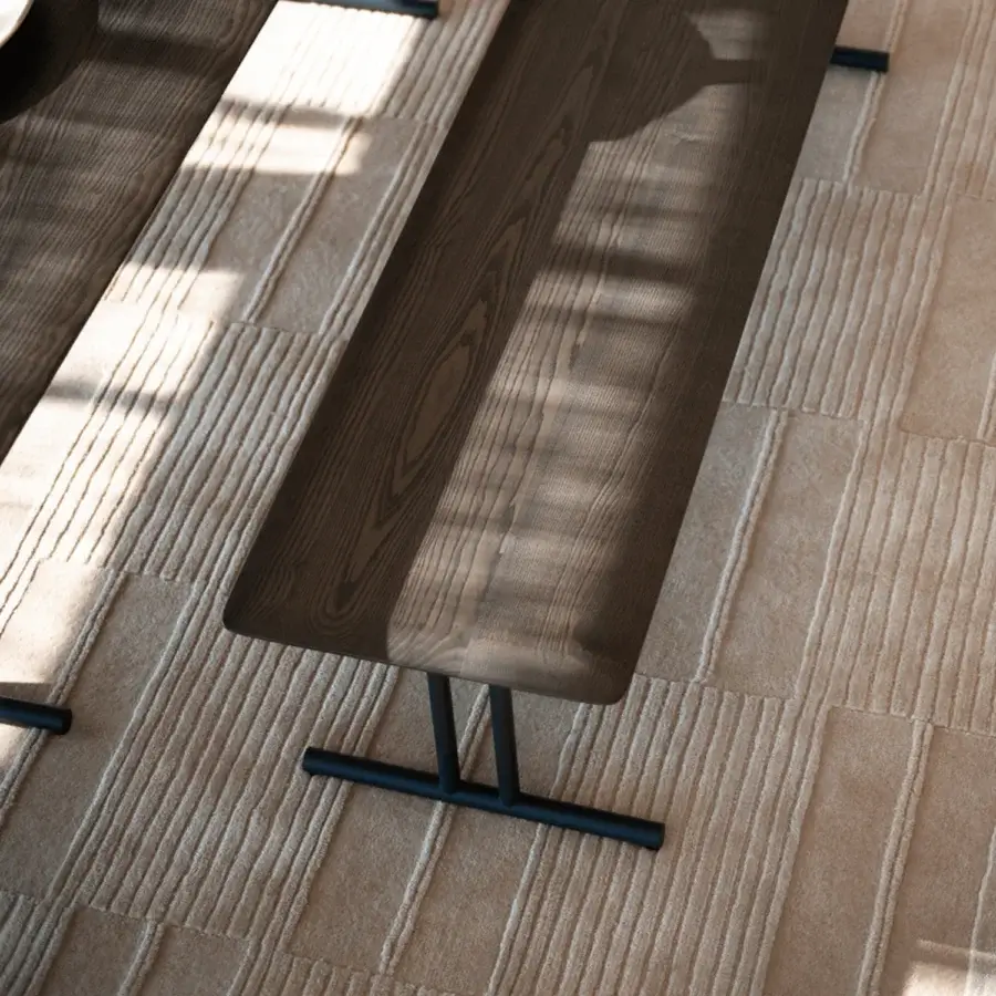 Elegant Potocco Graphic bench crafted in Italy with a dark brown matte wood seat and sleek black metal base