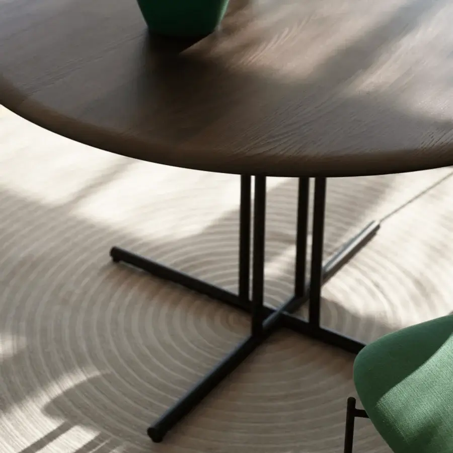 Superior Potocco Graphic dining table with a round dark brown wooden top and sleek matte black metal base crafted with geometric lines