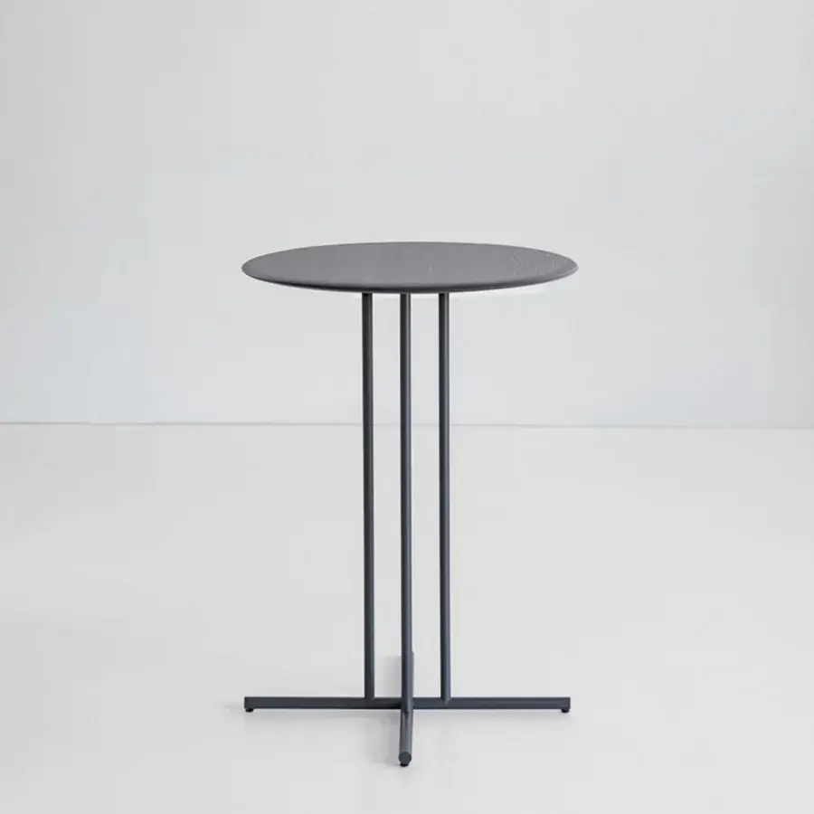 Elegant Potocco Graphic bar table with a round wood tabletop and slender geometric dark gray matte metal structure