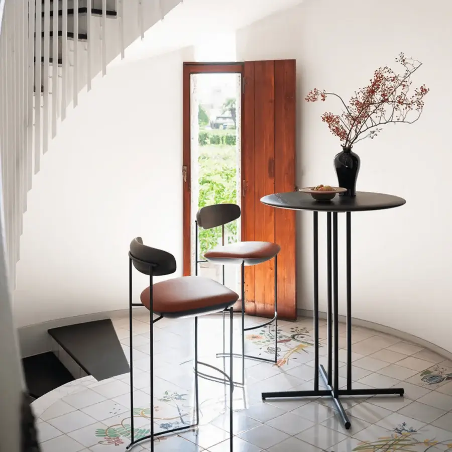 Distinguished Potocco Graphic bar table with a round wooden top and slender dark-colored metal frame in a matte finish